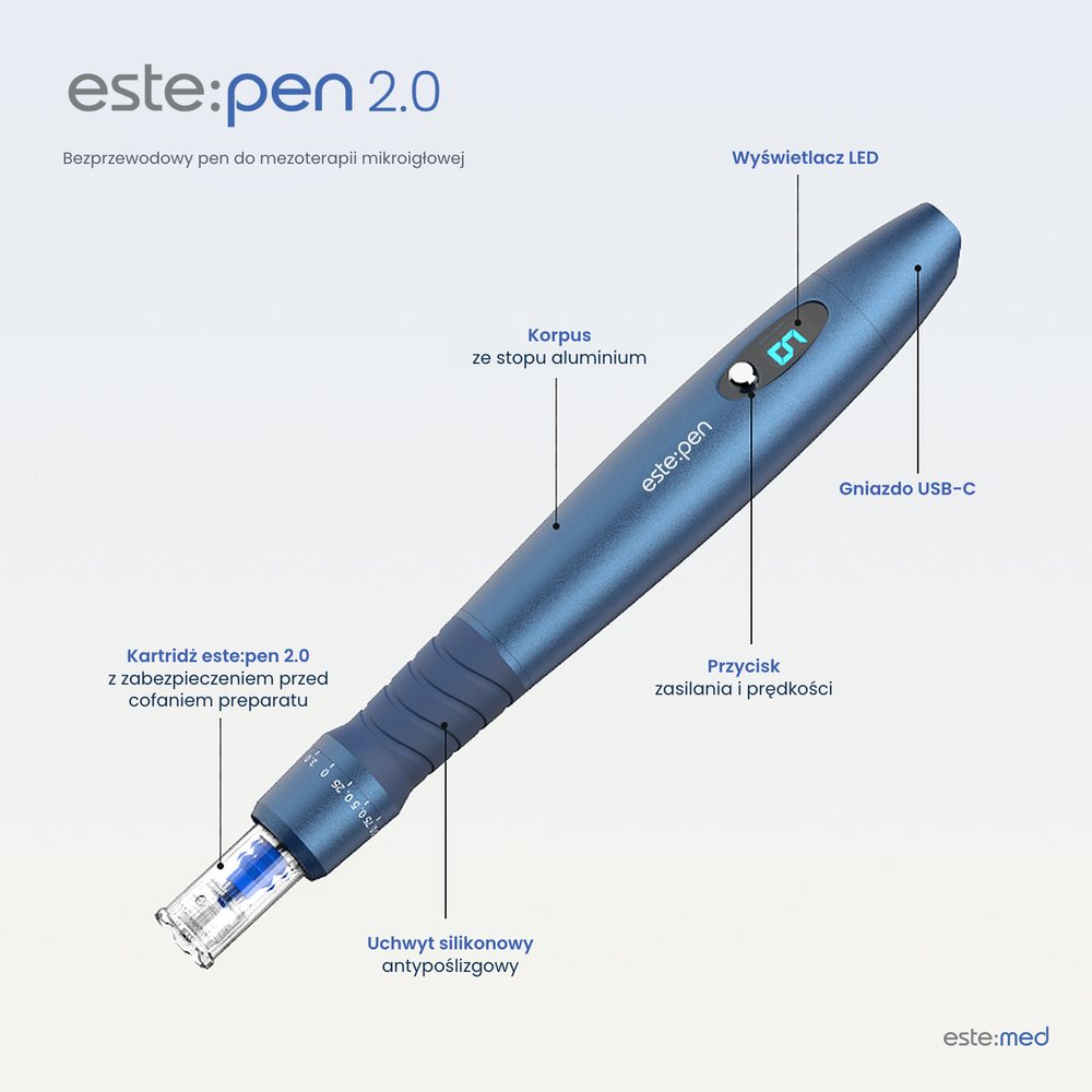 Budowa urządzenia este:pen 2.0: wyświetlacz LED, korpus ze stopu aluminium, przycisk, uchwyt silikonowy, kartridż